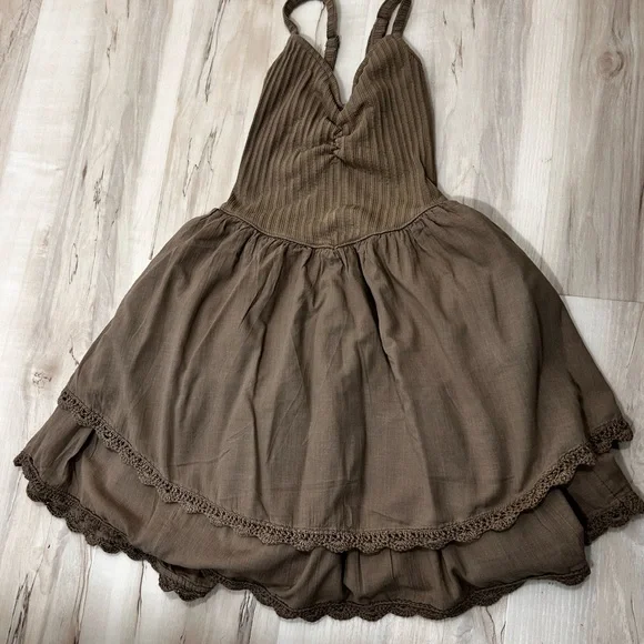 Aerie Brown Babydoll Dress XS Ribbed Top Tiered Skirt Lace Trim Boho Cami - Picture 2 of 12